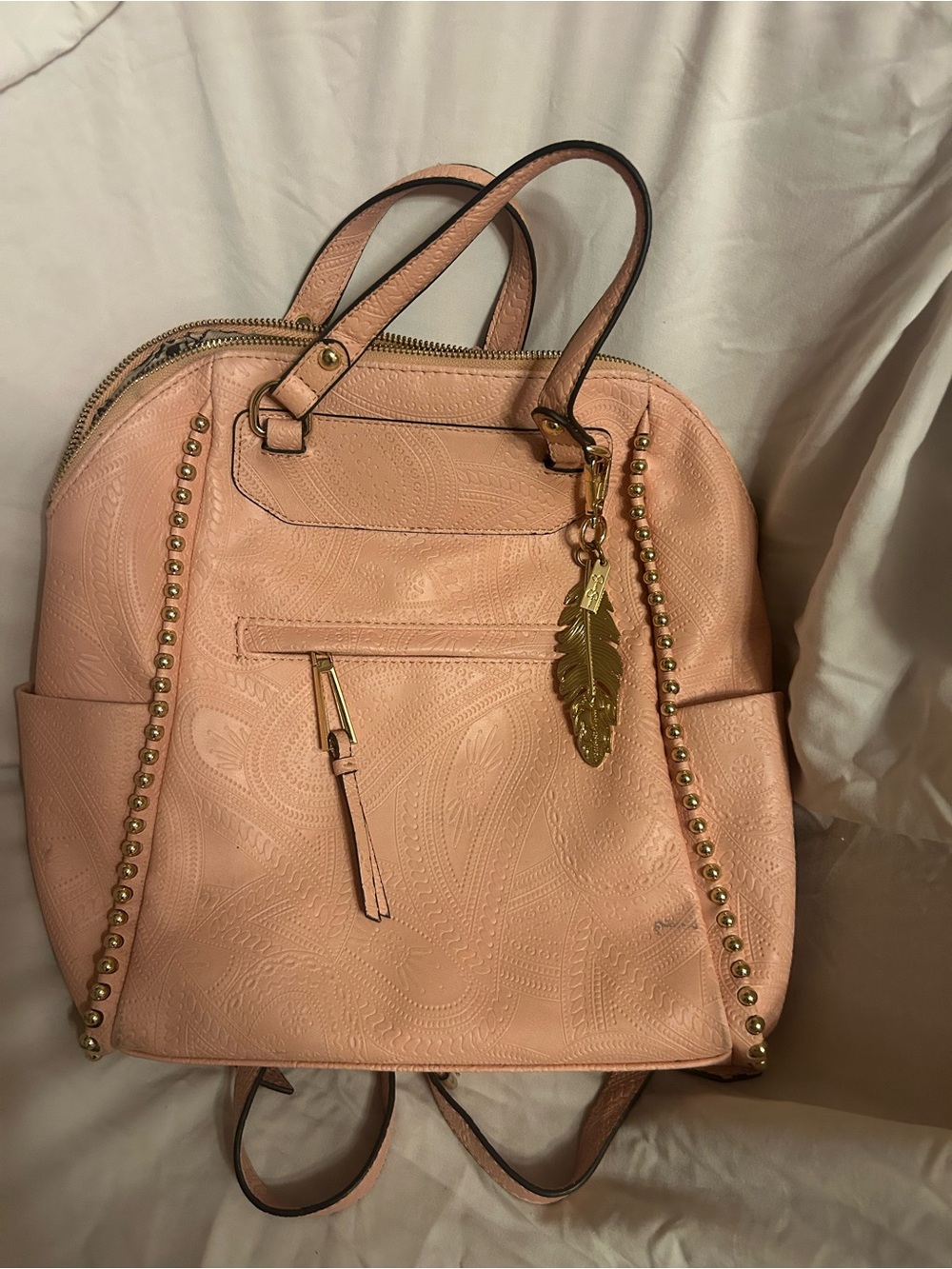 Jessica Simpson Peach Studded Faux-Leather Backpack Purse